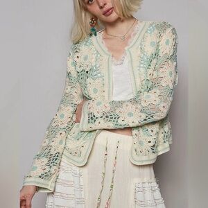 POL Mint Green Floral Crochet Cardigan
